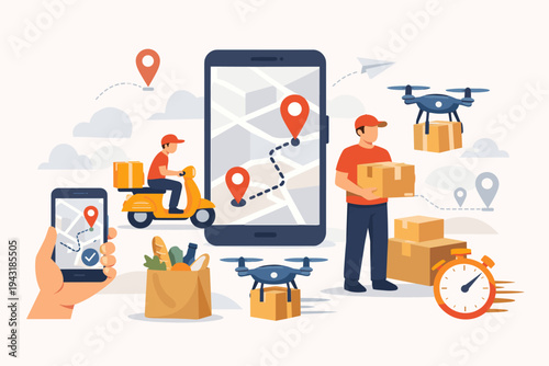 Modern Online Delivery Service Concept with Mobile App GPS Tracking, Courier on Scooter, Drone Shipping, and Fast Logistics. Flat Vector Illustration of E-commerce Shipping and Parcel Delivery.