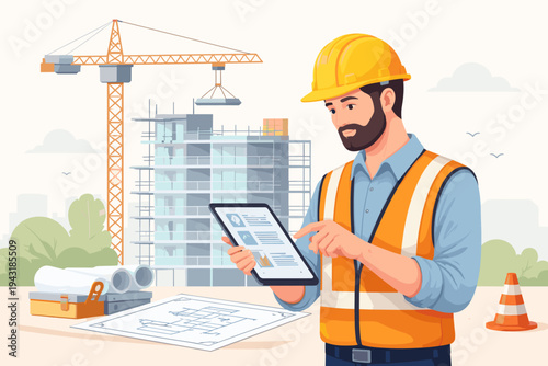 Professional male construction engineer in yellow hard hat and safety vest using a digital tablet app to manage a modern building project at a construction site with a crane and blueprints.