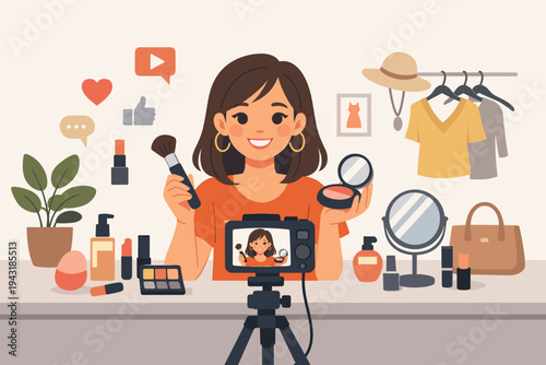 Young female beauty influencer recording a makeup tutorial vlog for social media; woman holding cosmetic brush and compact in front of camera on tripod with fashion accessories background.