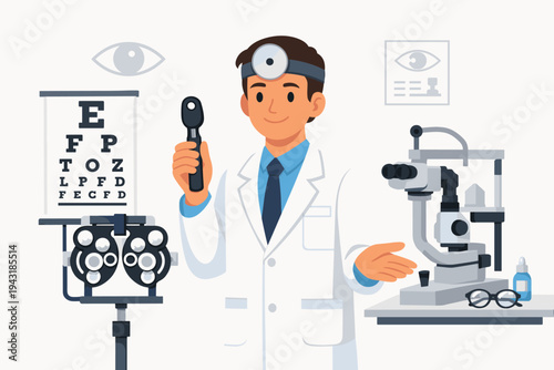 Vector illustration of a professional male ophthalmologist doctor in a white lab coat holding an ophthalmoscope, ready for an eye exam with a Snellen chart, phoropter, and slit lamp in a clinic.
