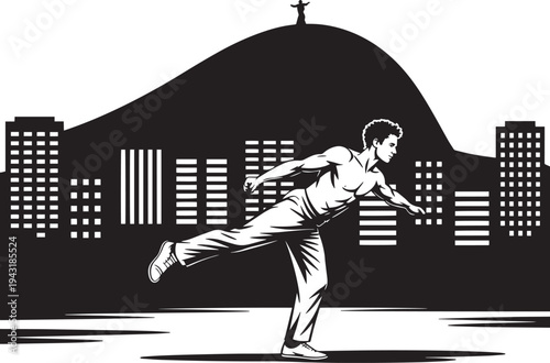 Capoeira fighter performing martial arts move with Rio de Janeiro cityscape background art
