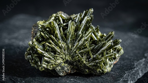 Vibrant green epidote crystals, prismatic and acicular formations on dark matrix, showcasing intricate geological detail