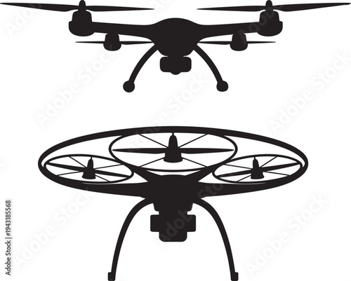 two drone silhouettes flying and landing
