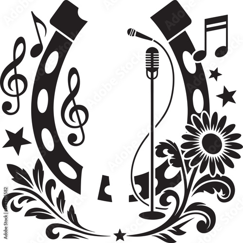 Country music logo with horseshoe microphone and floral elements for karaoke festival art
