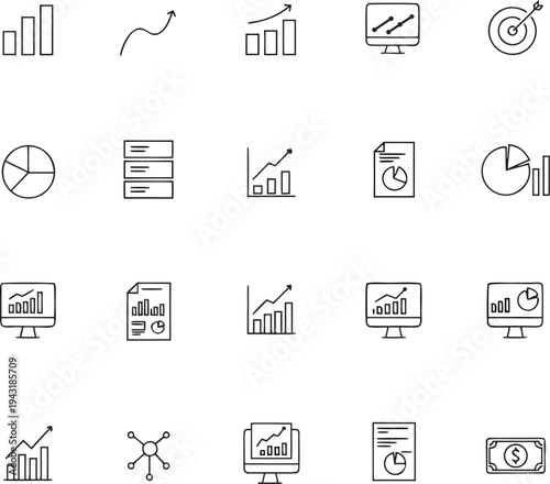 Business Data Analytics and Financial Growth Icon Set - Minimalist Outline Vector