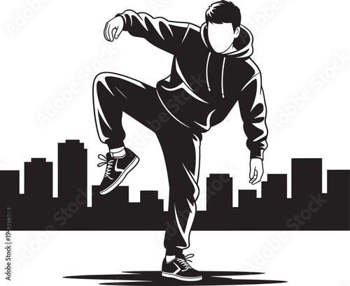 Dancer striking pose in front of city silhouette, urban lifestyle, monochrome graphic art