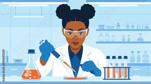 A female scientist in safety goggles and gloves conducts an experiment in a medical laboratory