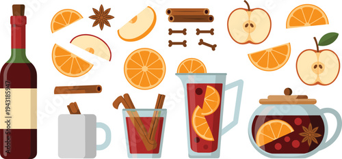 Mulled wine ingredients vector set with bottle, oranges, apples, cinnamon sticks, star anise, teapot and pitcher winter drink recipe illustration