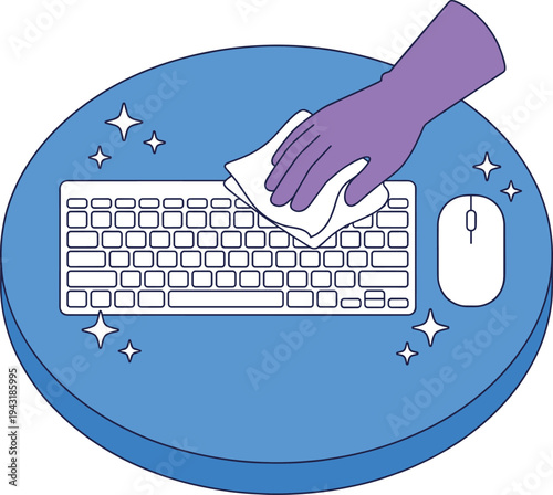 Cleaning Computer Keyboard With Disinfectant Wipe and Protective Glove Showing Workplace Hygiene, Device Sanitization and Germ Prevention Concept Vector Illustration