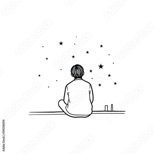 Man Sitting Alone Under Starry Night Sky Peaceful Reflection Line Art Vector illustration.