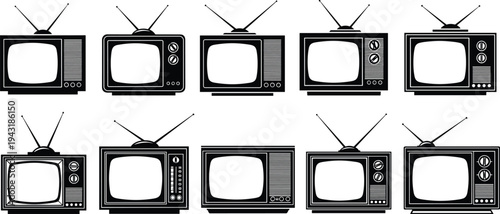 Retro vintage television set collection with antenna old TV icons silhouette vector illustration, classic broadcast technology design set isolated for media theme