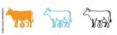 Cow and money bag illustrations in three colors