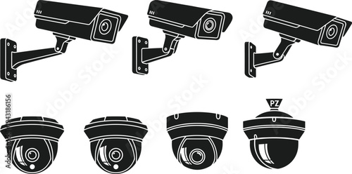 CCTV security camera icon set, bullet and dome surveillance cameras collection, video monitoring system symbols, black silhouette protection technology illustration
