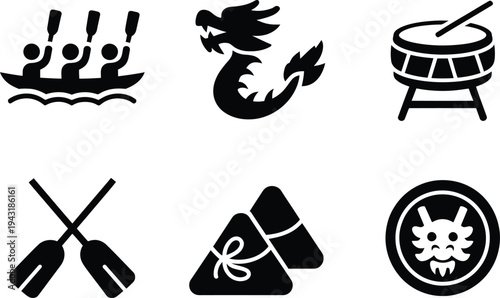 Chinese dragon boat festival icons silhouette on white background china tradition