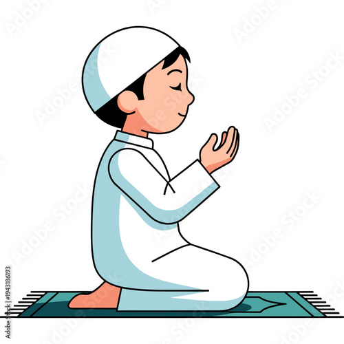 Faithful Prayer: A serene depiction of a young individual engaged in prayer, kneeling respectfully on a prayer rug. This illustration captures the essence of devotion and spiritual practice.