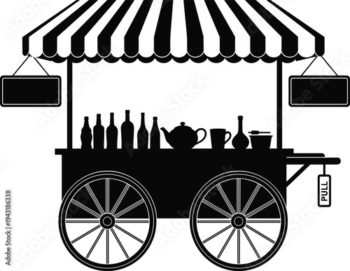 Street food cart silhouette with canopy and beverage bottles vector illustration, mobile market stall for coffee, tea and drinks vendor business concept