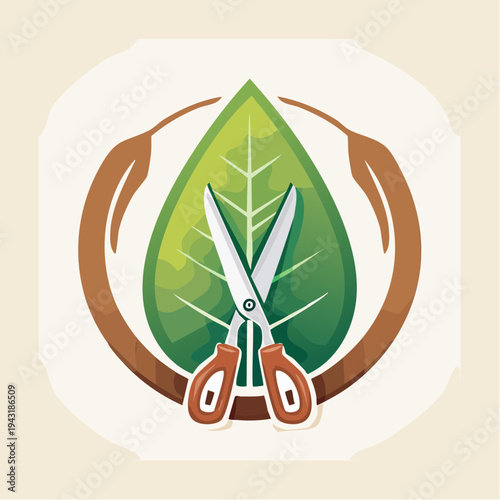 Green leaf with scissors in a circle, gardening, agriculture, and nature concept icon