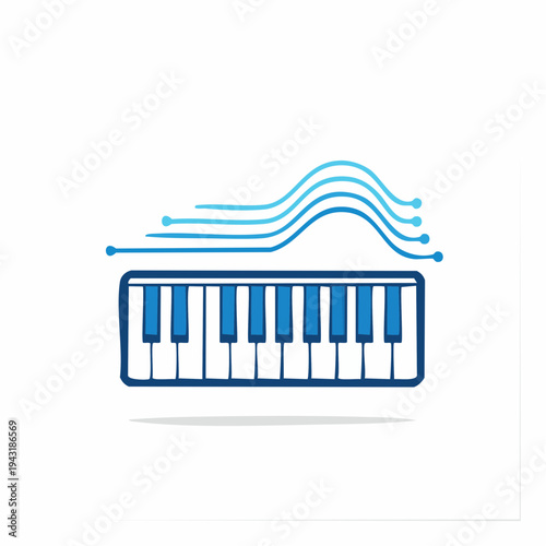 Musical keyboard with sound waves emanating, symbolizing digital music creation and audio technology