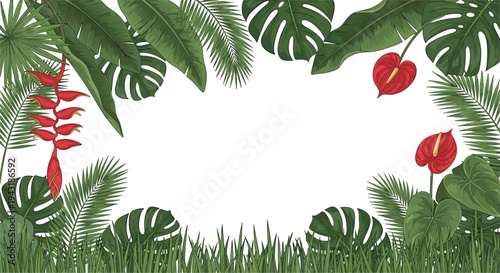 Tropical jungle leaves frame with palm, monstera and exotic flowers vector illustration, lush rainforest border design with copy space for summer nature background