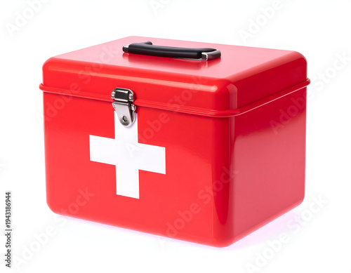 Red metal first-aid kit with white cross symbol