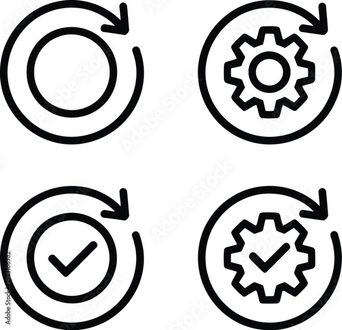 Gear icon set with circular arrows and check marks in black line style