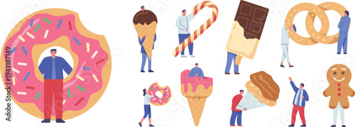 People interacting with giant sweets and desserts including donut, ice cream, chocolate and cookies playful flat vector illustration