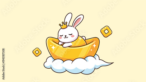 Adorable white rabbit wearing a crown, peacefully sleeping in a golden boat on a fluffy cloud, surrounded by gold coins.