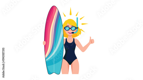 Happy woman in a swimsuit with a surfboard and snorkel gear, giving a thumbs up, ready for summer beach activities.