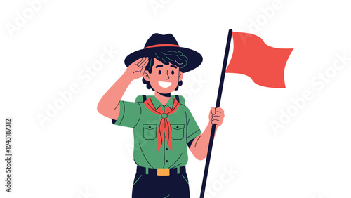 Confident boy scout in uniform and hat saluting proudly, holding a red flag, symbolizing leadership and readiness for adventure.
