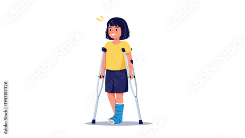 Young girl with a cast on her broken leg, cheerfully walking with crutches, recovering from an injury with a positive attitude.