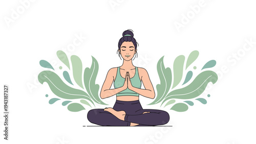 Serene woman gracefully practicing yoga meditation in a lotus position, surrounded by lush green leaves, symbolizing peace and wellness.