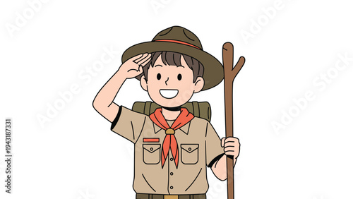 Cheerful boy scout with a backpack and hat, saluting proudly while holding a wooden staff, ready for outdoor adventure.