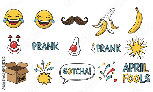 April fools' day prank illustrations with emojis and objects