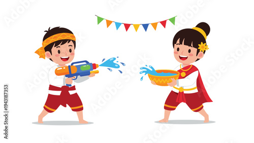 Happy Thai boy and girl in traditional attire playfully splashing water with a water gun and bowl during the Songkran festival.