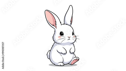Adorable fluffy white rabbit with pink ears and nose, sitting calmly and looking charmingly at the viewer.
