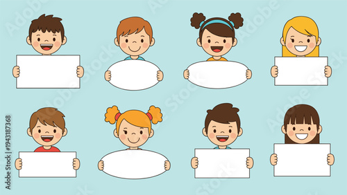 Diverse group of eight cheerful cartoon children, boys and girls, happily holding blank white signs for your custom message.