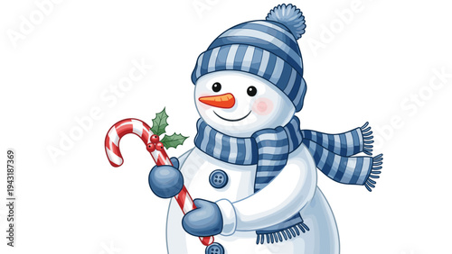 Cheerful snowman wearing a blue striped hat and scarf, happily holding a festive candy cane, symbolizing winter and Christmas joy.