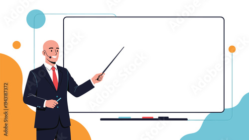 Confident bald businessman in a suit with a headset, pointing at a large blank whiteboard during a professional presentation.