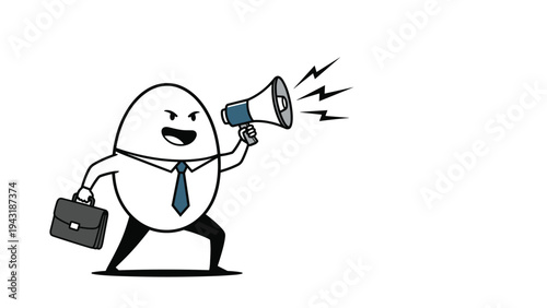 Creative egg-shaped businessman character wearing a tie and holding a briefcase, enthusiastically shouting through a megaphone.