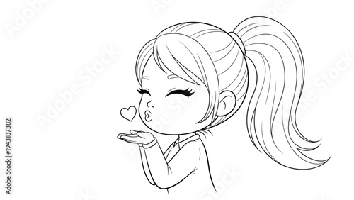 Adorable cartoon girl with a high ponytail gracefully blowing a heart-shaped kiss, depicted in a charming line art style.