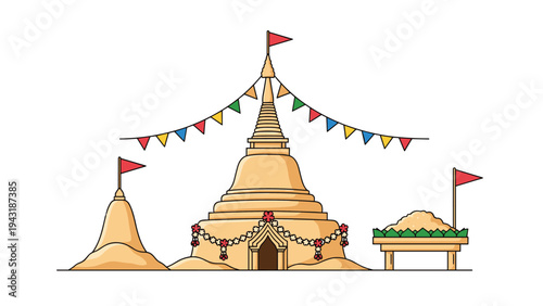 Traditional Thai sand pagodas adorned with colorful flags and garlands, representing a festive cultural or religious celebration.