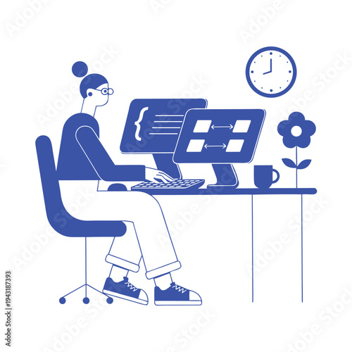 Woman working at a desk with multiple computer screens and a flower