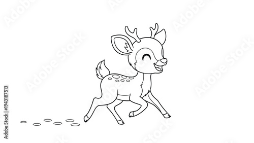 Happy and playful deer fawn joyfully running with a wide smile, leaving footprints, perfect for a children's coloring page design.
