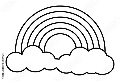 Simple black and white outline of a rainbow with clouds