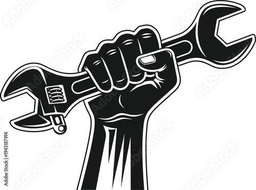 A hand gripping a large adjustable wrench as a symbol of repair and maintenance