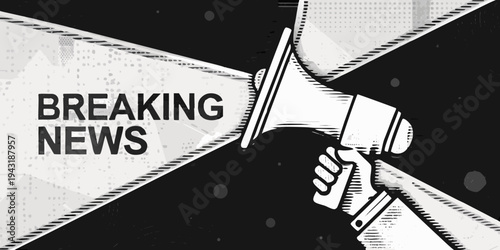 A dramatic illustration of a megaphone announcing breaking news in halftone style