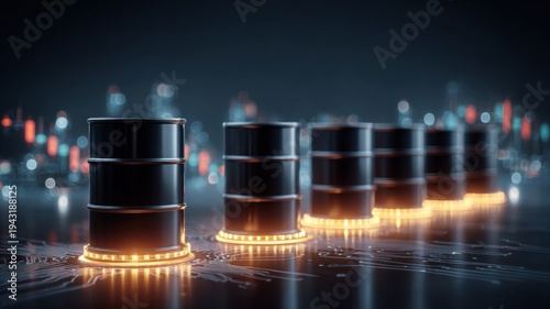 War scenarios drive international oil market to skyrocket. Cognitive computing. Dynamic visuals of oil, stocks, and conflict envision economic impact. Digital transformation.