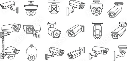 CCTV security camera outline icon collection, surveillance monitoring devices set including dome and bullet cameras, line art security technology illustration