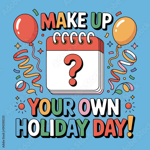 A colorful illustration of a calendar with a question mark and balloons