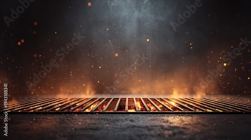 Empty cast iron grill grate with burning fire and smoke, barbecue background